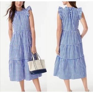 J. Crew Tiered Ruffle Sleeve Midi Dress: Sapphire Blue/White Gingham Check